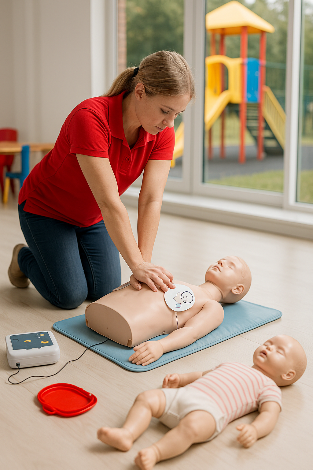 Childcare educators working through hands-on pediatric CPR drills